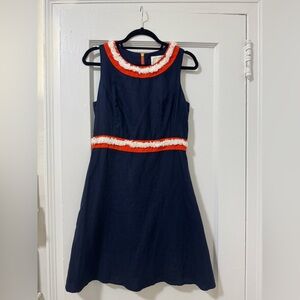 Sail to Sable Fringe Trim Linen A-Line Mini Dress Navy Red White Size 4